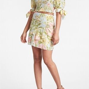 Express Asymmetrical Ruffle Floral Mini Skirt